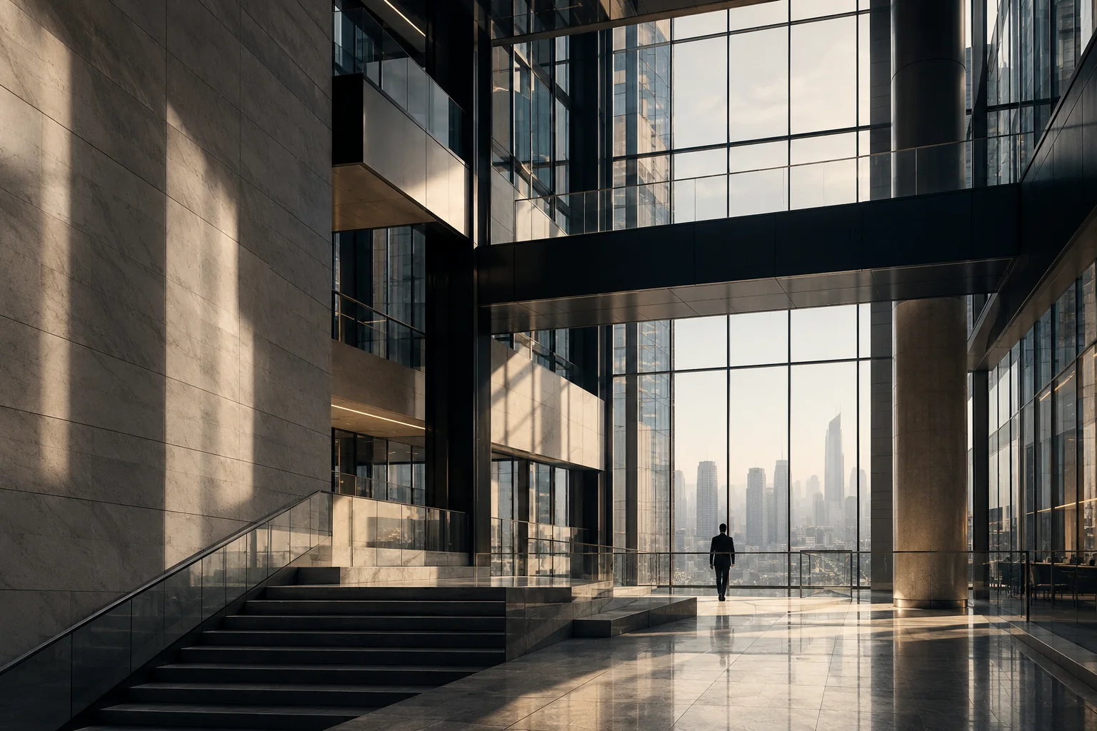 Layered glass and stone structures in a corporate atrium