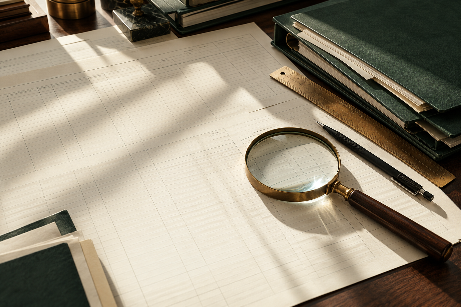 A magnifying glass over a control register, with green audit folders and a brass ruler