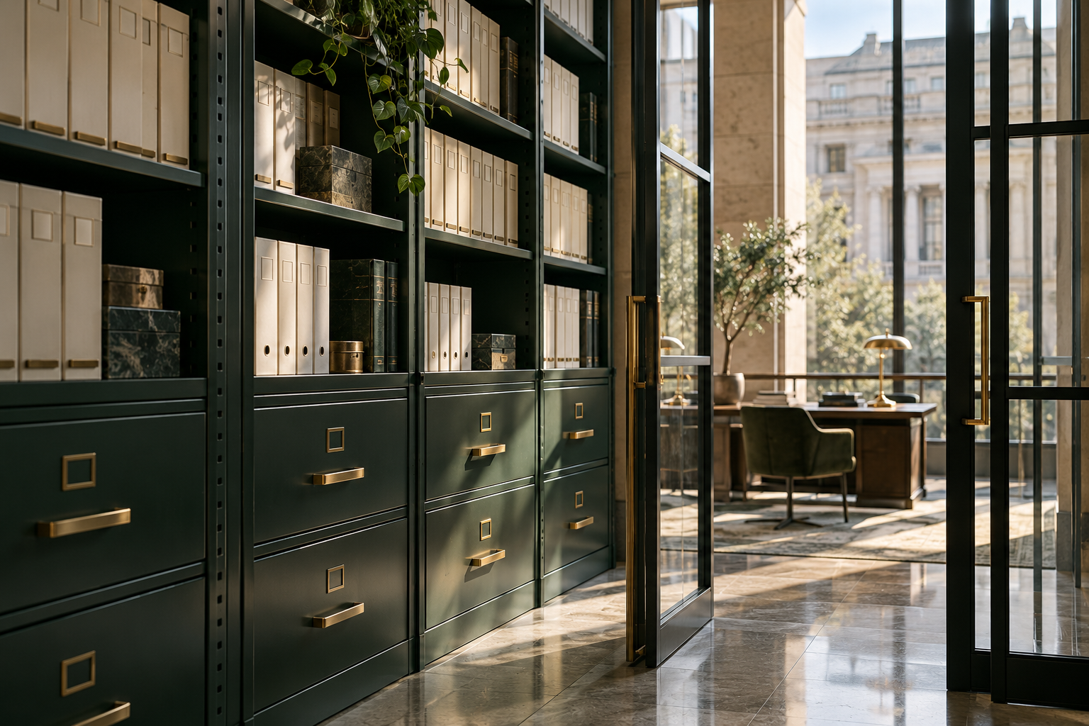 Green archive cabinets with organised evidence files